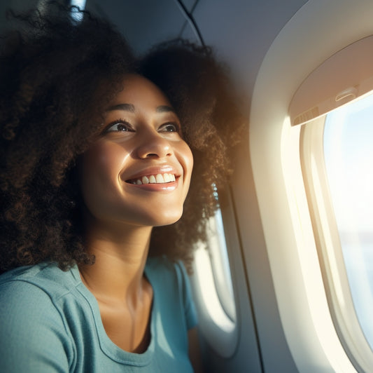 woman happy on a plane